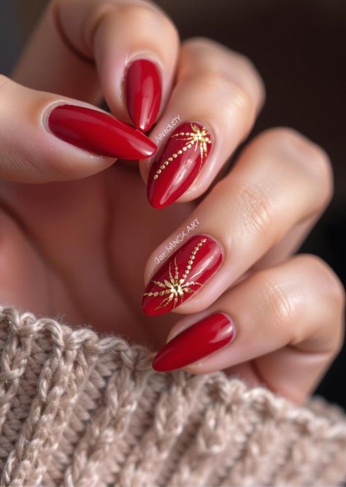 Vibrant Red with Gold Festive Accents — Winter Red Nails