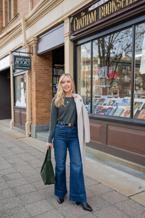 Grey Sweater with Wide-Leg Jeans and Draped Coat — Winter Going Out Outfits