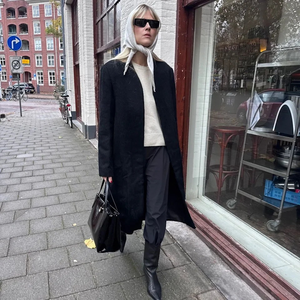 Chic Black Coat with Headscarf and Pointed-Toe Boots — January Outfits
