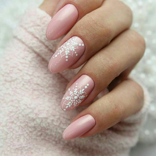 Pale Pink with White Snowflake and Vine Art Pale Pink with White Snowflake and Vine Art β Christmas Almond Nails 2026