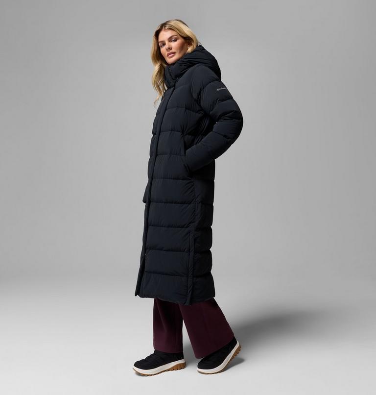 Hooded Black Long Puffer Coat With Burgundy Trousers — Long Puffer Coat Outfits