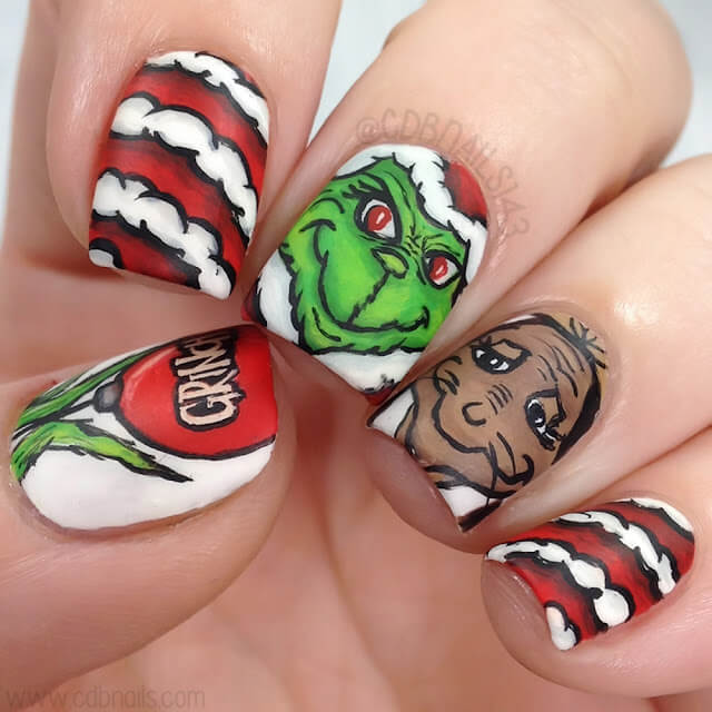 Matte Short Square Grinch Face And Stripes Matte Short Square Grinch Face And Stripes β Grinch Nails 2026