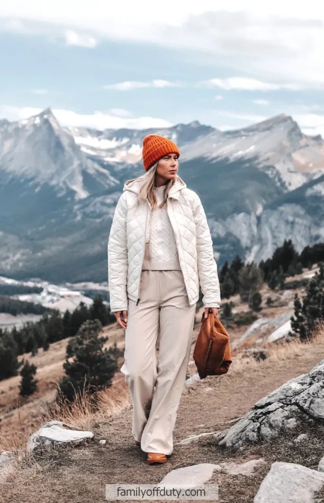 Quilted Jacket and Cable Knit Sweater for a Mountain Trip — Cabin Trip Outfits