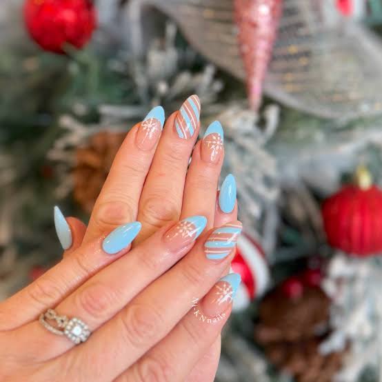Sheer Nude Blue Tips with Snowflakes Sheer Nude Blue Tips with Snowflakes β Icy Blue Nails