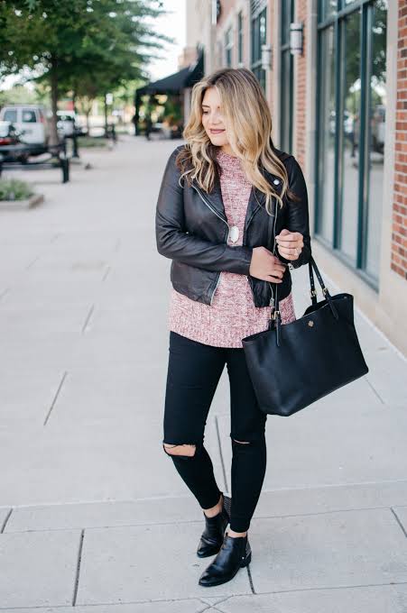 Pink Textured Sweater with Moto Jacket and Ripped Jeans Pink Textured Sweater with Moto Jacket and Ripped Jeans β Turtleneck Outfits