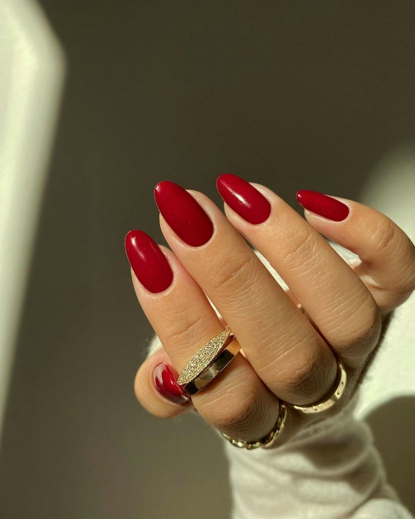 Vibrant Cherry Red Glossy Almonds Vibrant Cherry Red Glossy Almonds β Winter Nail Colors