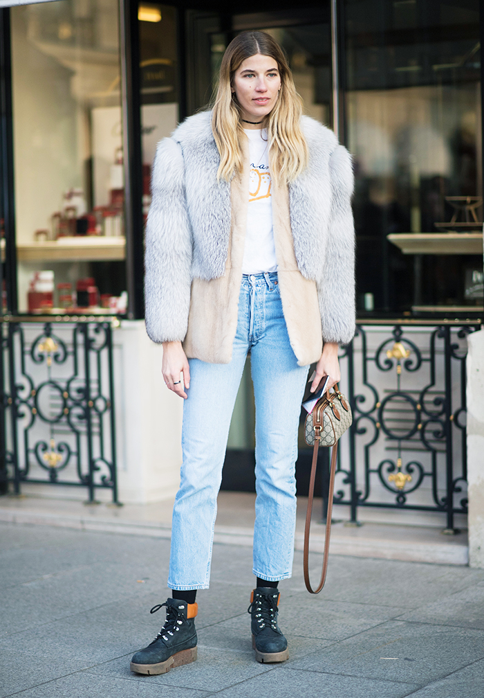 Faux Fur Coat and Straight-Leg Jeans: Cozy Winter Casual — Timberland Boots Outfits