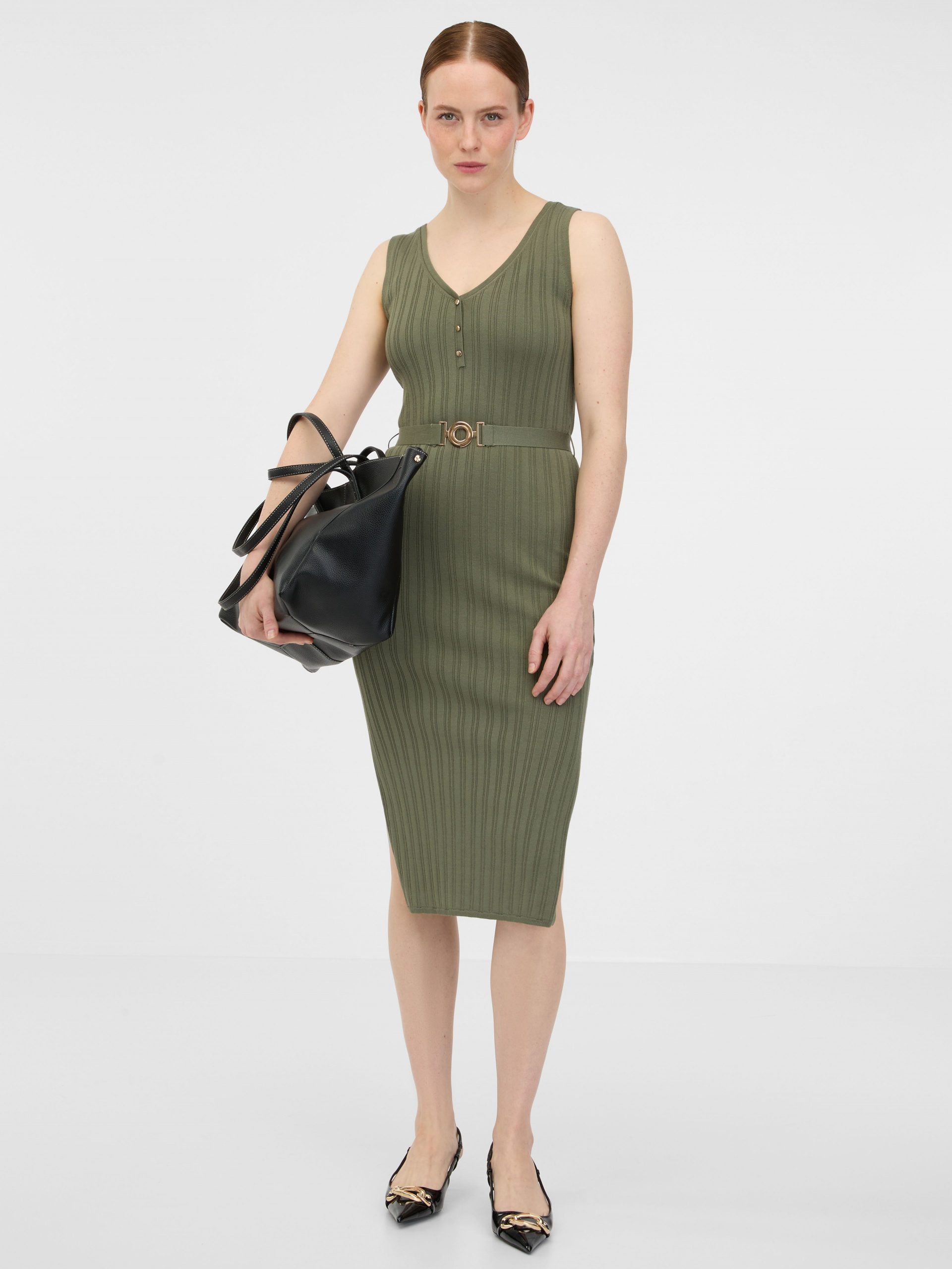 Olive Green Ribbed Knit Midi Dress with Black Belt — Sweater Dress Outfits