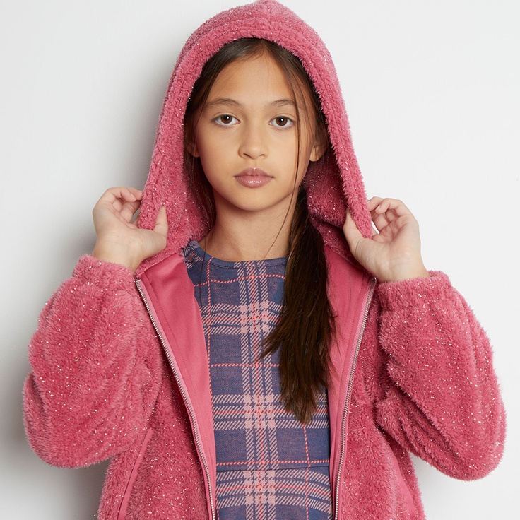 Pink Fuzzy Hooded Jacket Over a Blue Plaid Dress Pink Fuzzy Hooded Jacket Over a Blue Plaid Dress β Winter Outfits for Kids