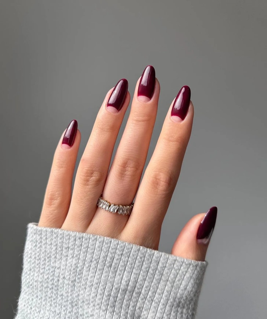 Burgundy Half-Moon French Tips Burgundy Half-Moon French Tips β Winter Nail Colors for Women Over 70