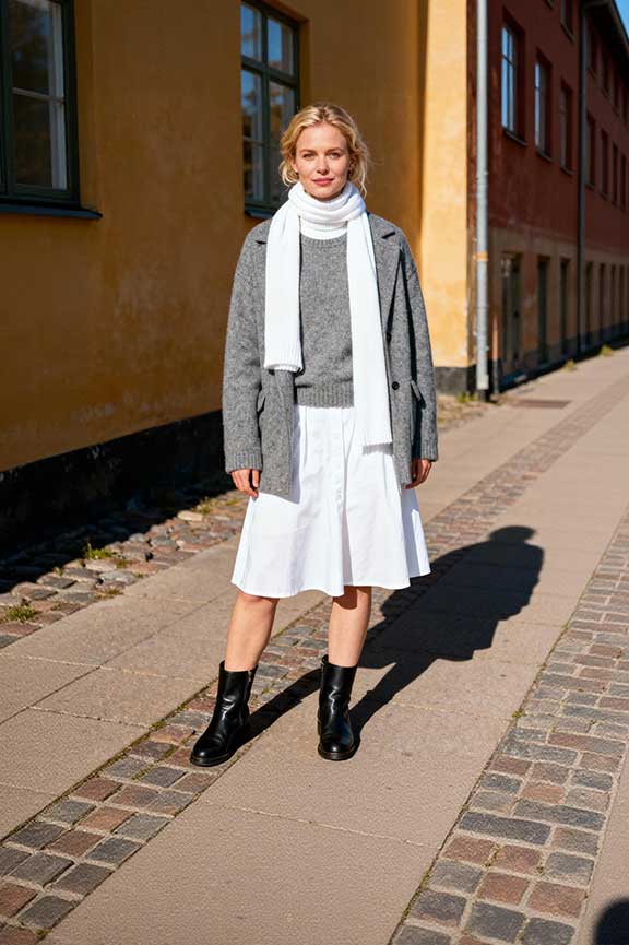 Grey Blazer Layered Over Knitwear with a White Midi Skirt — Cute Winter Outfits