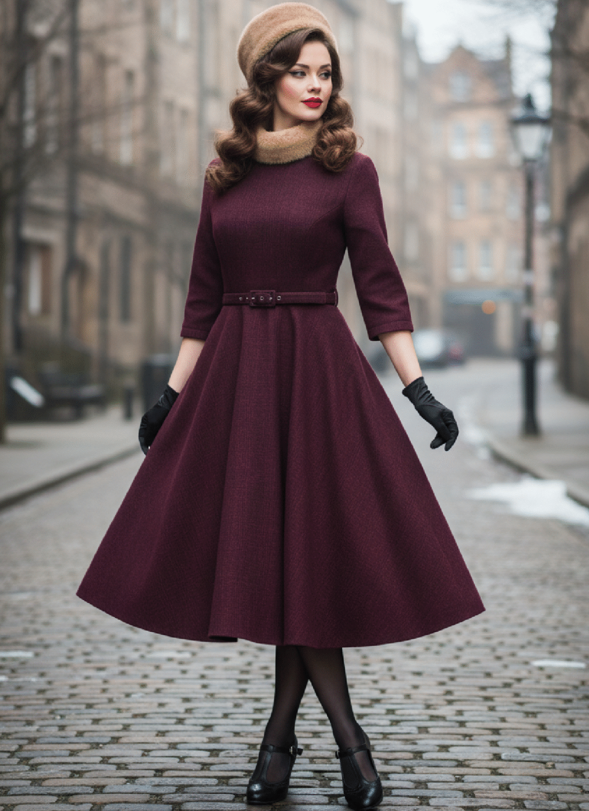 Vintage Burgundy Fit-and-Flare with Faux Fur Collar — Winter Formal Dresses
