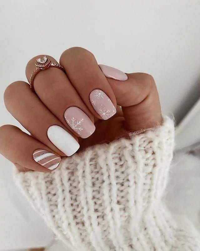 White Pale Pink Beige With Brown Stripes Visual Idea White Pale Pink Beige With Brown Stripes Visual Idea β Short Winter Oval Nails