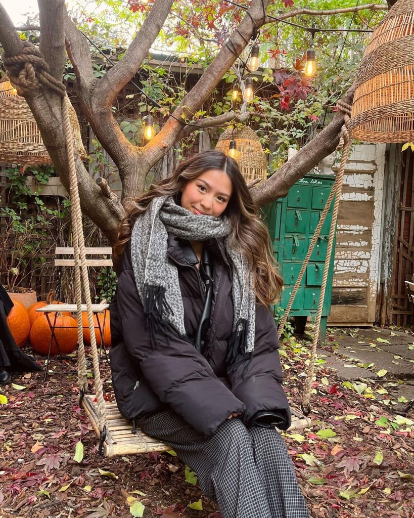 Black Puffer Jacket with Plaid Pants and Grey Scarf — December Outfits