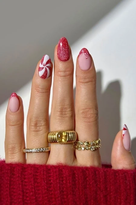 Peppermint Swirl & Glitter French Almonds — Christmas Nail Designs 2026