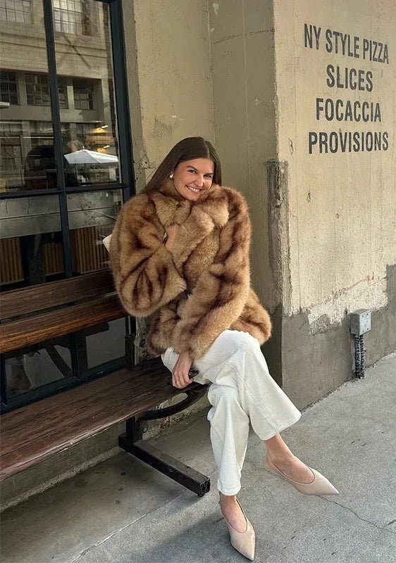 Nude Pointed Toe Flats Striped Brown and Gold Faux Fur Coat: Proportion Play — Faux Fur Coat Outfits