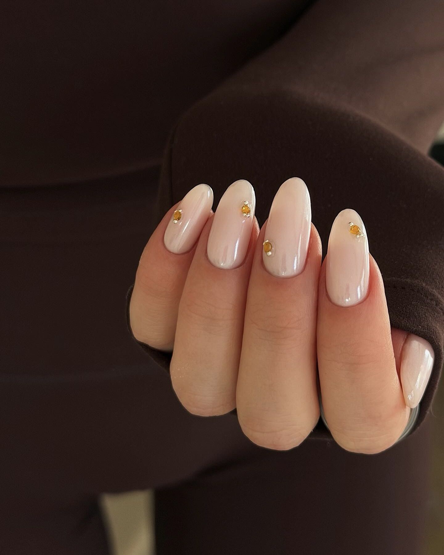 Pale Milky Pink with Gold Studs Pale Milky Pink with Gold Studs β Old Money Winter Nails