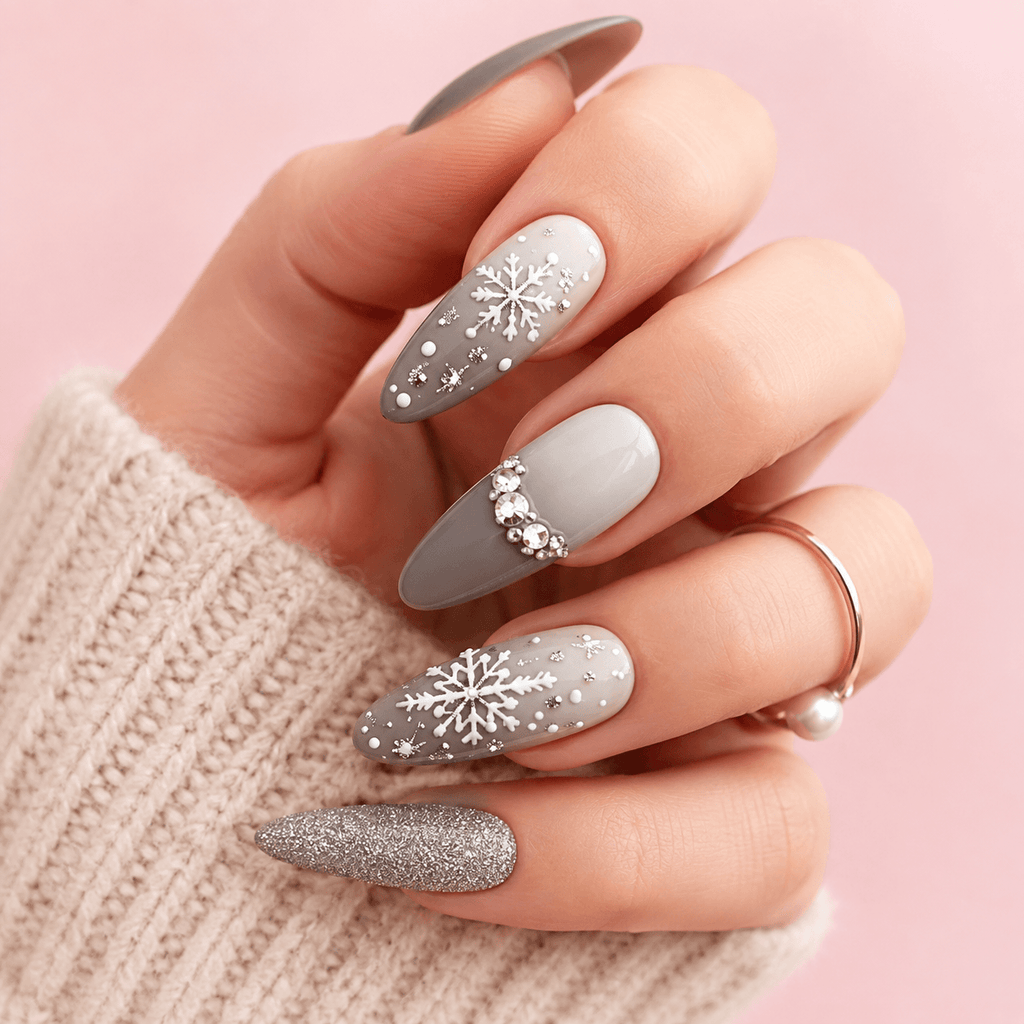 One Hand Close-Up Visual Idea — Winter Gray Nails