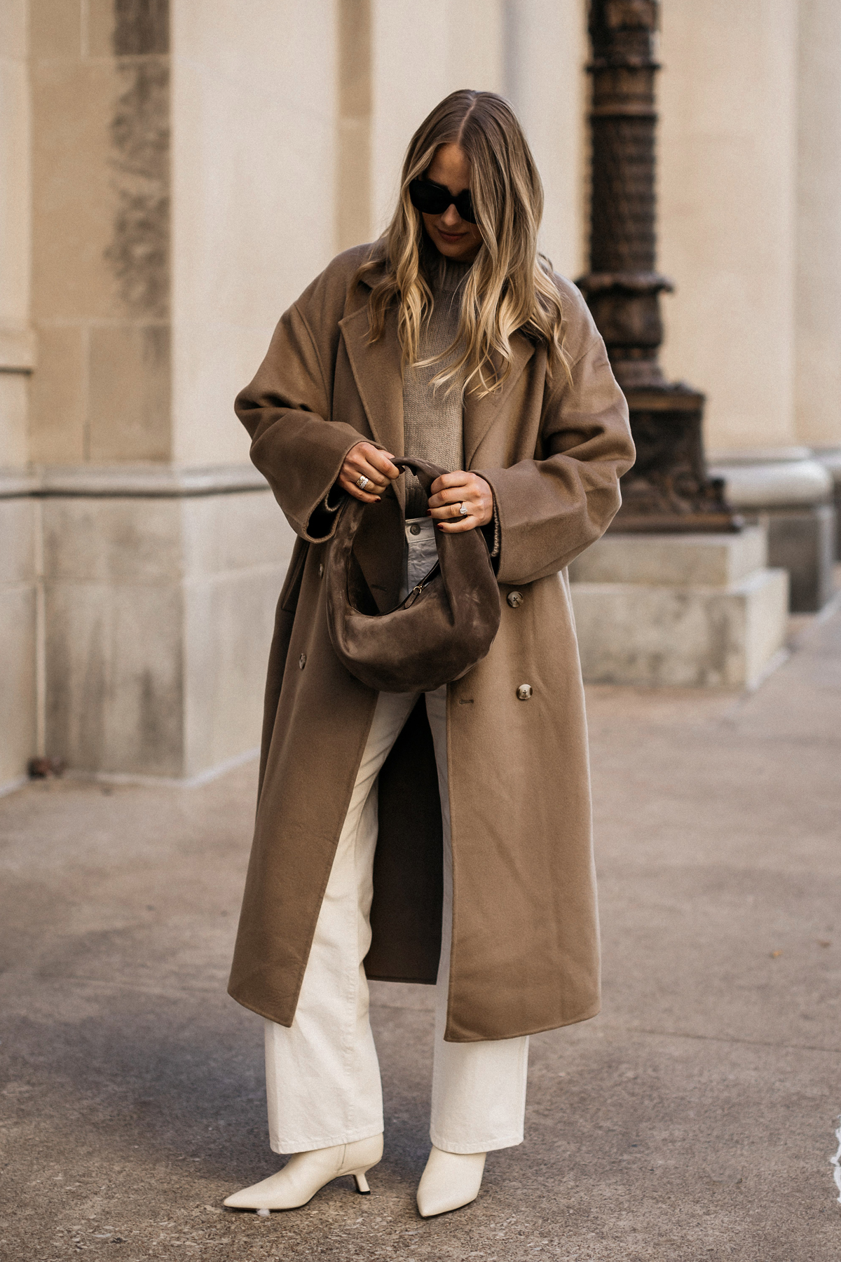 Chic Taupe Wool Coat Over Grey Knit and White Trousers Chic Taupe Wool Coat Over Grey Knit and White Trousers β Nashville Winter Outfits