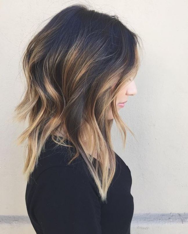 Angled Lob Dark Brown Balayage — Winter Shoulder Length Hairstyles