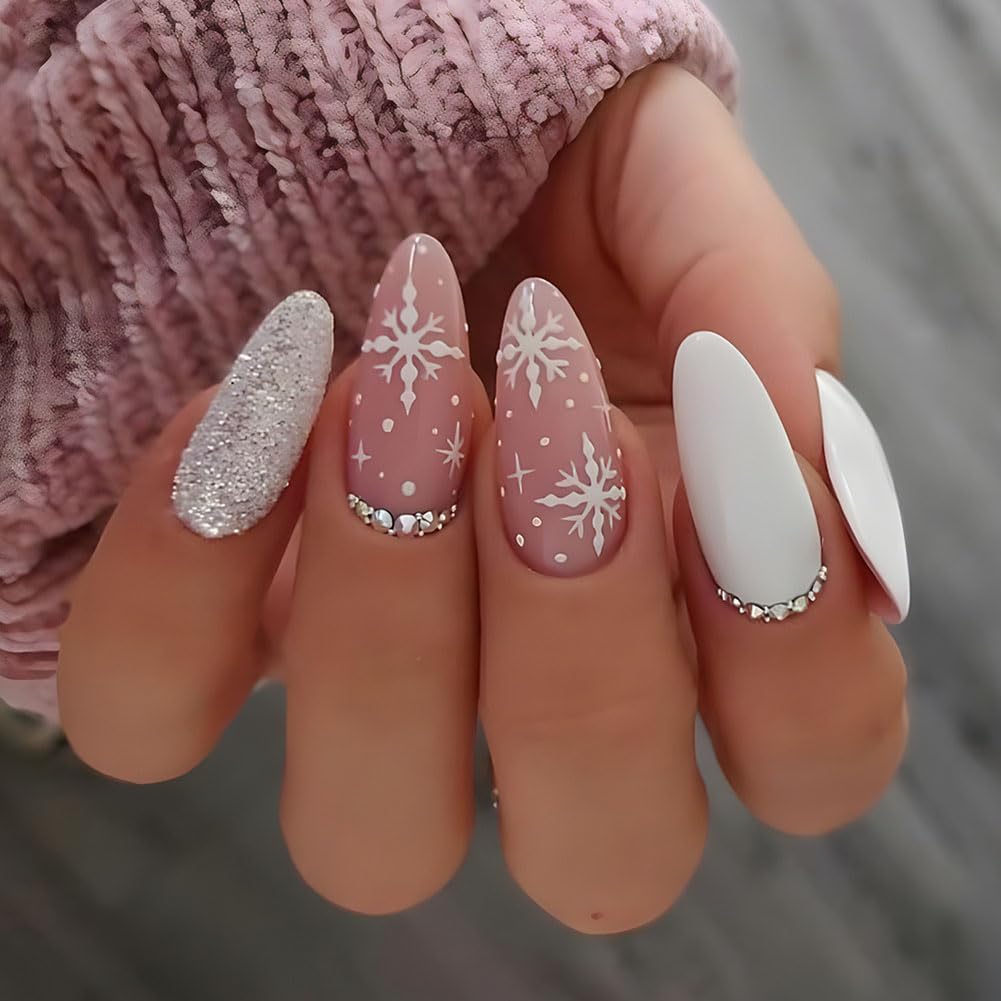 Glossy Matte Glitter Pink and Silver Glitter Almonds with Snowflakes Glossy Matte Glitter Pink and Silver Glitter Almonds with Snowflakes β Snowflake Nails
