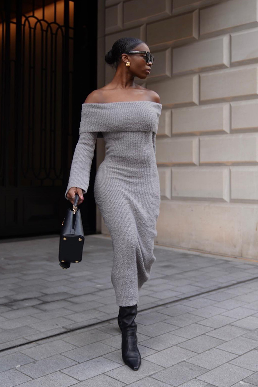 Grey Off-the-Shoulder Knit Dress with Pointed Boots Grey Off-the-Shoulder Knit Dress with Pointed Boots β Winter Date Night Outfits