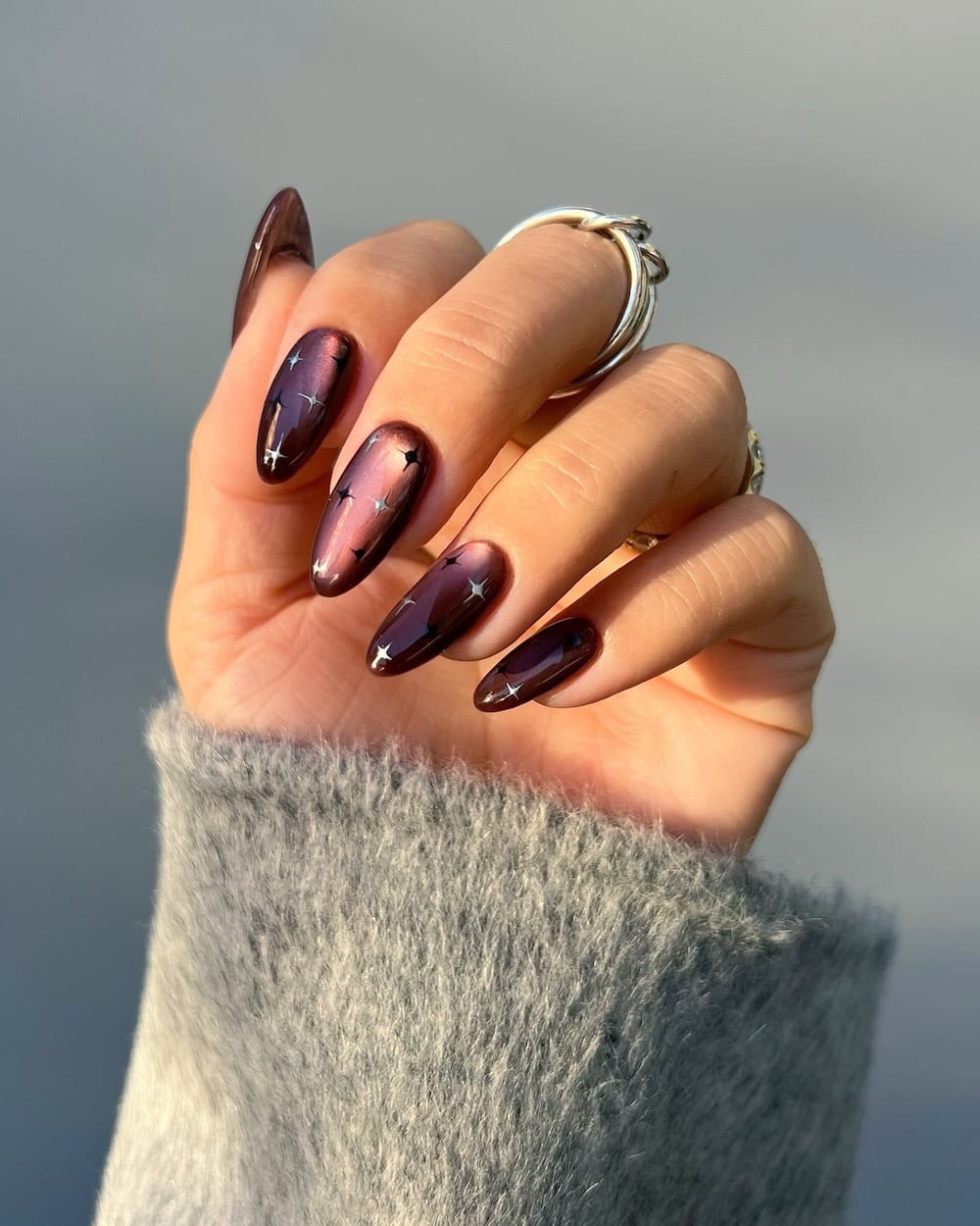 Deep Plum Cat-Eye Star Nails — Winter Acrylic Nail Colors