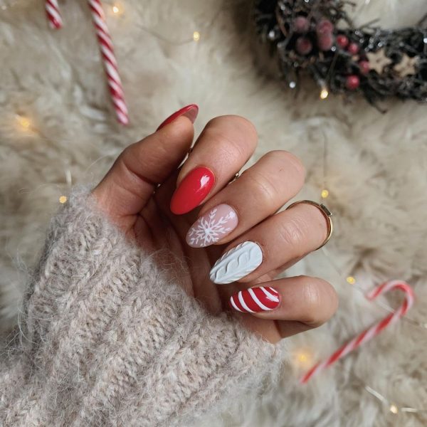 Red Square Nails with Cable Knit and Stripes Red Square Nails with Cable Knit and Stripes β Subtle Christmas Nails 2026