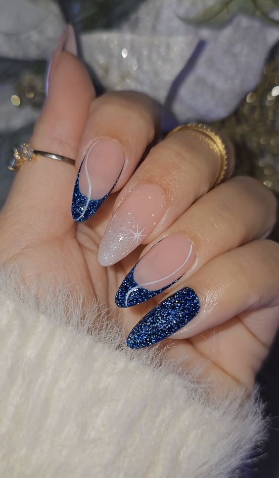 Deep Blue White Sheer Pink Base Visual Idea Deep Blue White Sheer Pink Base Visual Idea β Long Winter Almond Nails