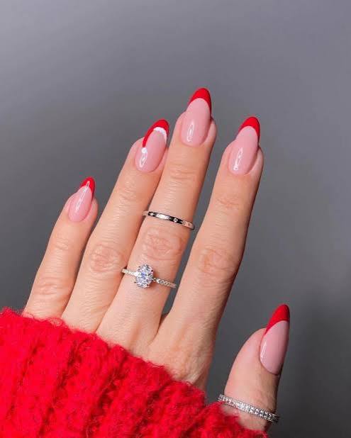 Nude Base Red French Tip Stilettos Nude Base Red French Tip Stilettos β Christmas Nails for Women Over 50 2026