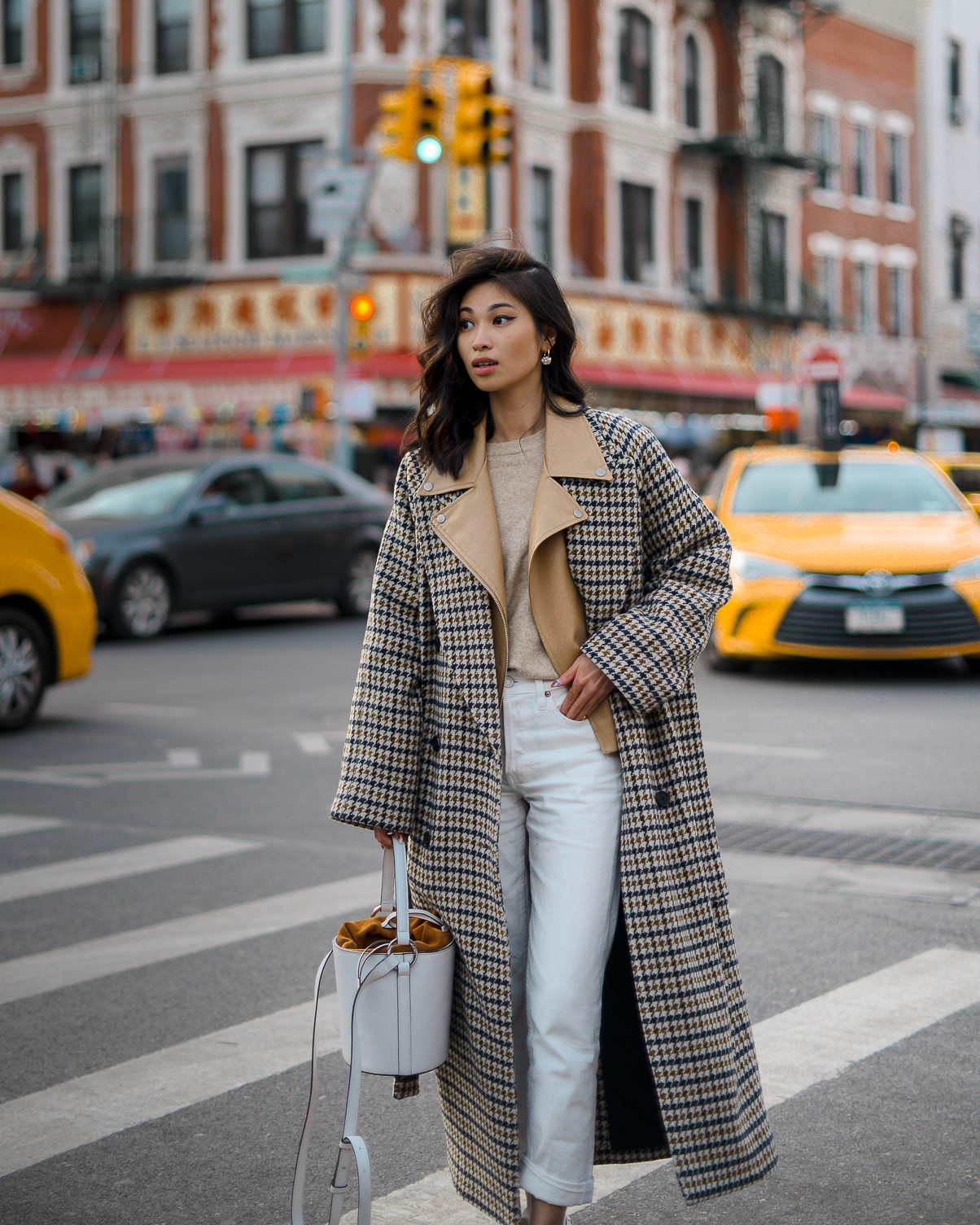 Houndstooth Coat Over Beige Turtleneck and White Jeans — Neutral Winter Outfits
