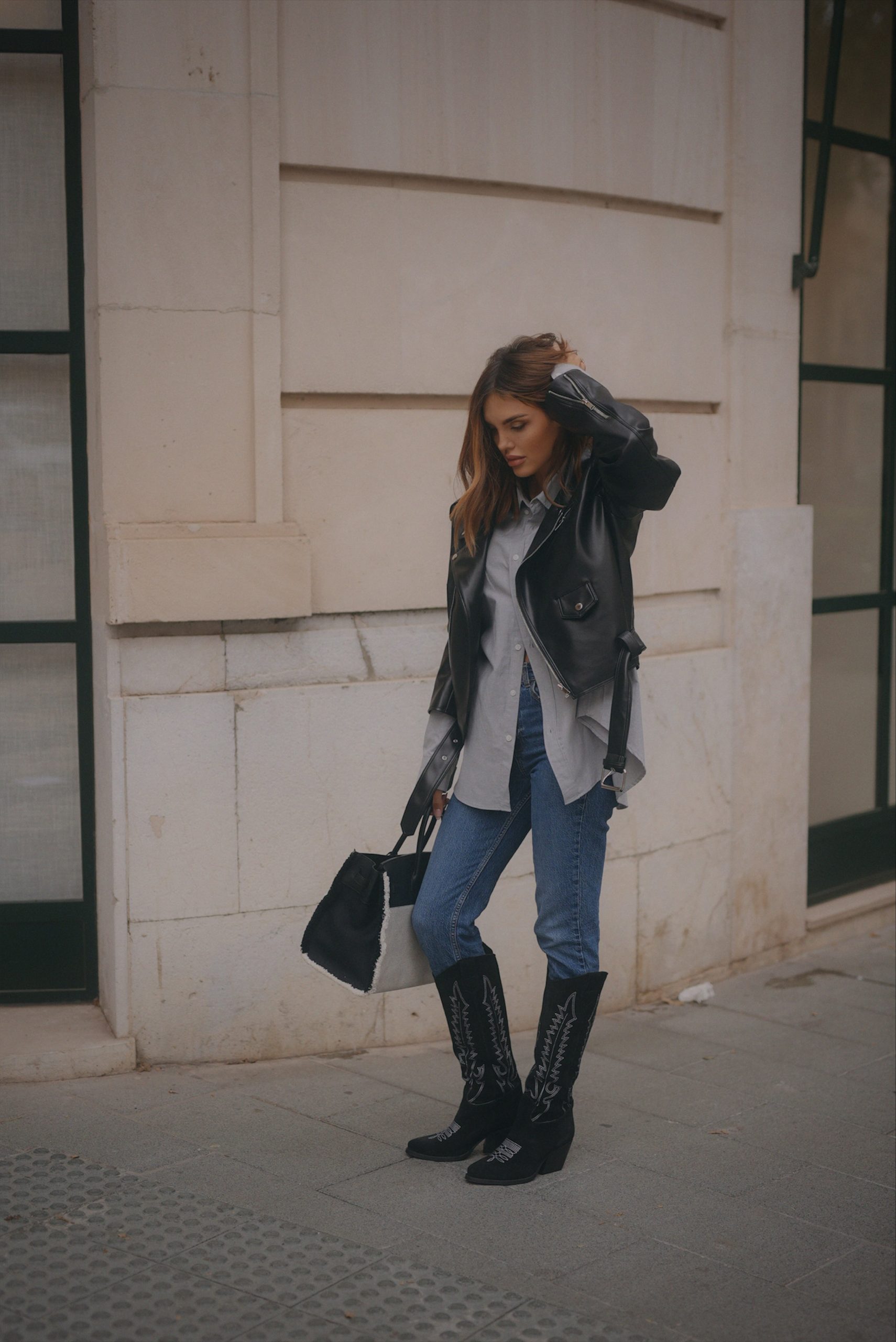 Embroidered Western Boots with Jeans and Leather Jacket — Knee High Boots Outfits