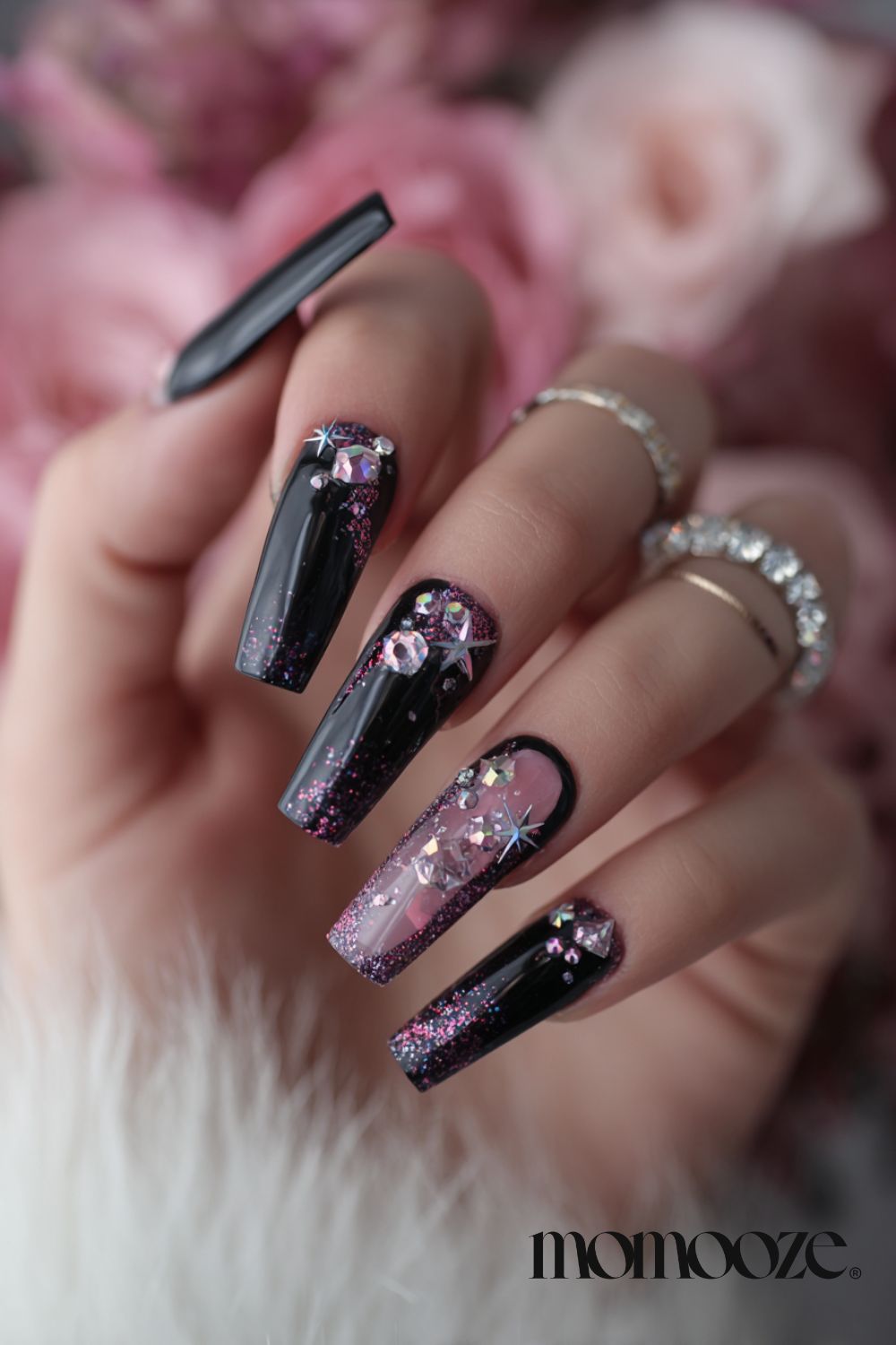 Rhinestones And Glitter On Accent Nails Visual Idea — Winter Black Nails