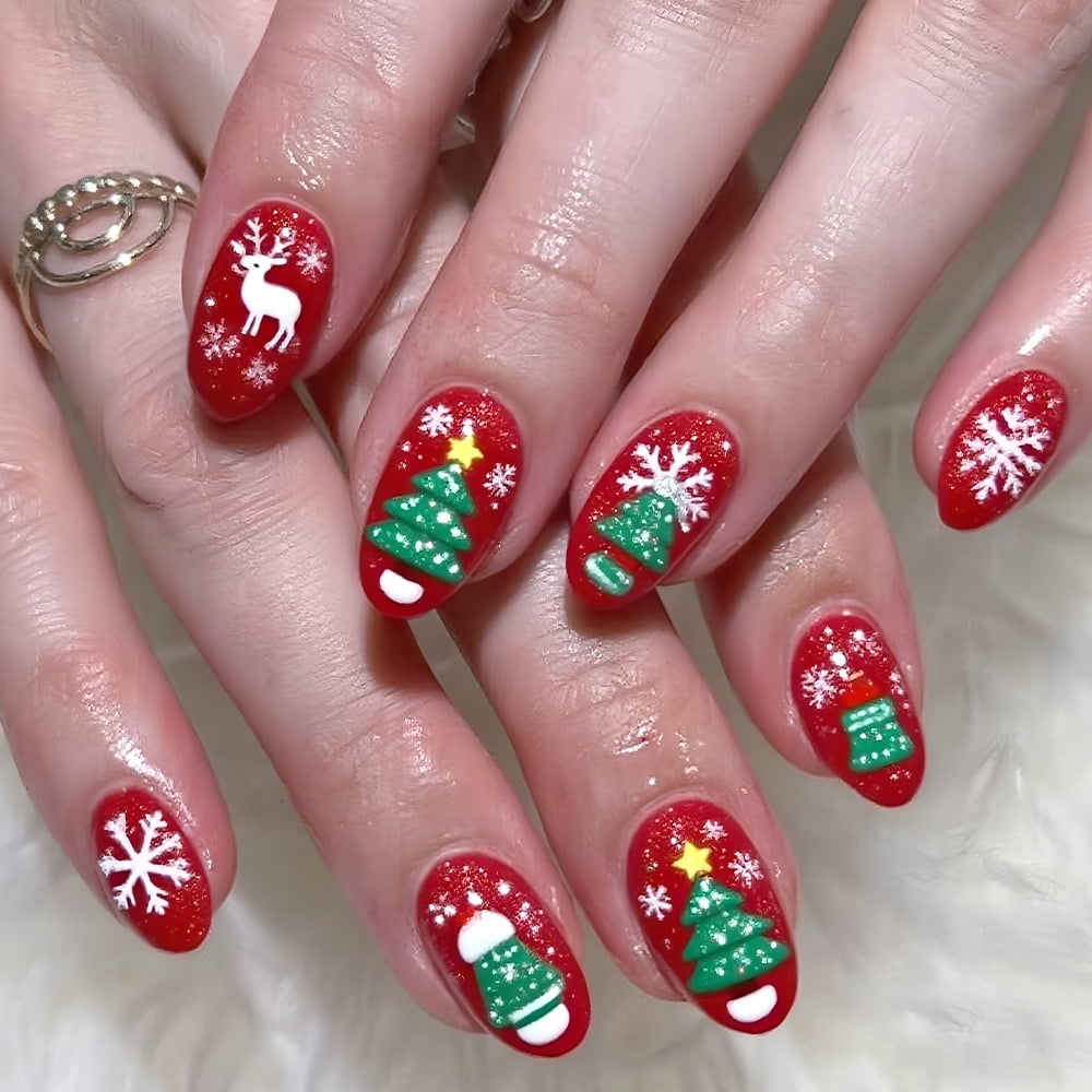 Vibrant Red Base White And Green Details Visual Idea Vibrant Red Base White And Green Details Visual Idea β Red and Green Christmas Nails 2026