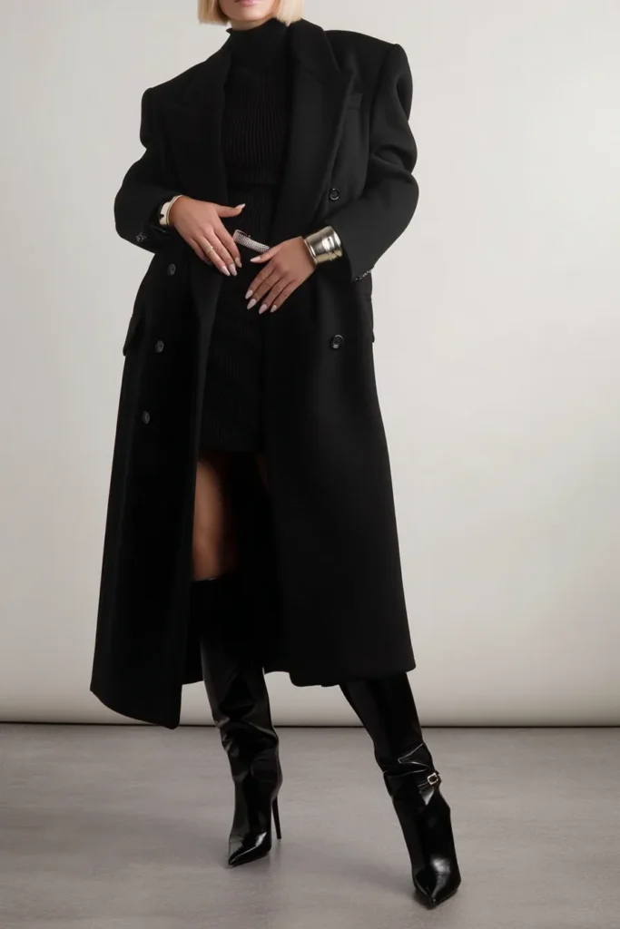 Elegant Knit Dress with Thigh-High Boots and a Long Wool Coat — All Black Winter Outfits