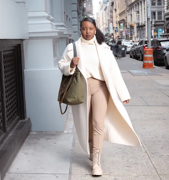 Cozy Neutral Layers: Cream Coat Over Cream Sweater and Leggings Cozy Neutral Layers: Cream Coat Over Cream Sweater and Leggings β Comfy Winter Outfits