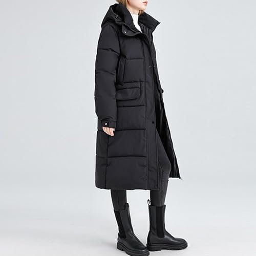 Long Black Hooded Puffer Coat with Large Pockets — Winter Coats for Women