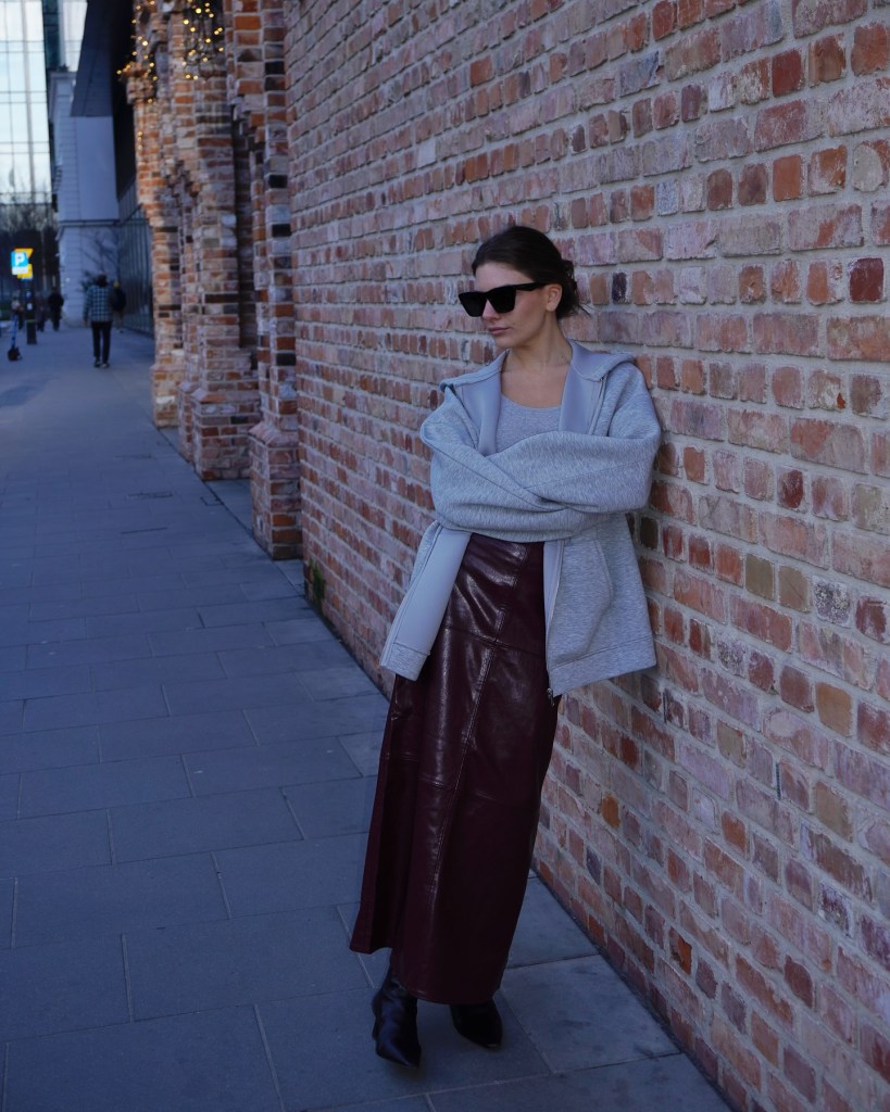Grey Zip-Up Hoodie with Burgundy Leather Skirt — Hoodie Outfits