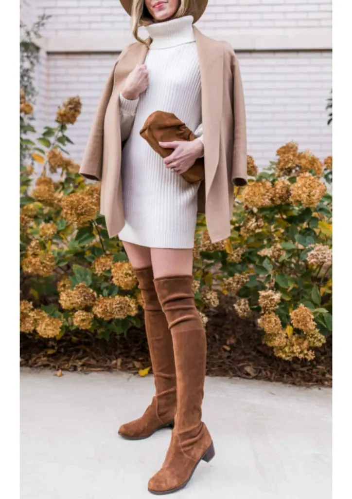 Fall Ensemble: Camel Coat and White Dress with Brown Suede Over-the-Knee Boots — Over the Knee Boots Outfits