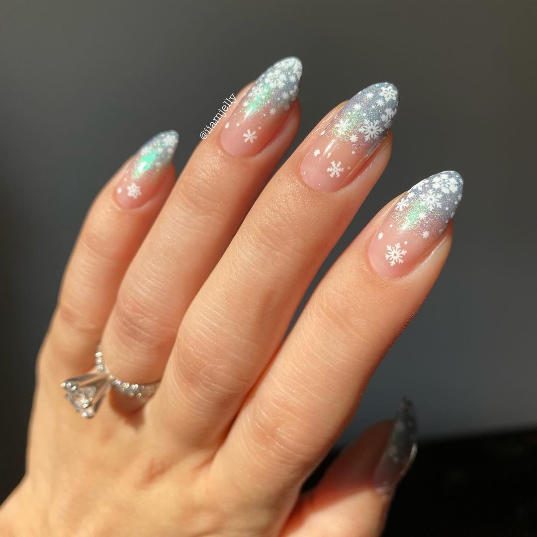 Snowflake Decal Iridescent Glitter Almond Snowflake Decal Iridescent Glitter Almond β Winter Wedding Nails