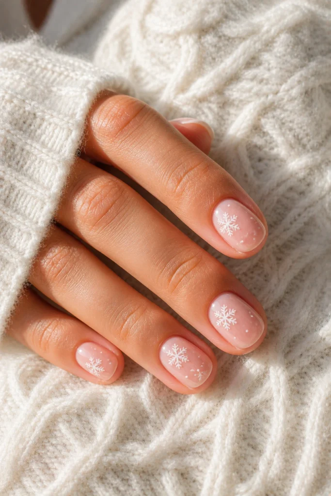 Sheer Pink Snowflake Square Nails Sheer Pink Snowflake Square Nails β Simple Short Christmas Nails 2026