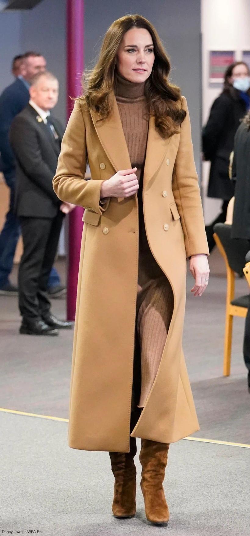 Long Double-Breasted Camel Coat Over Brown Knit Dress — Camel Coat Outfits