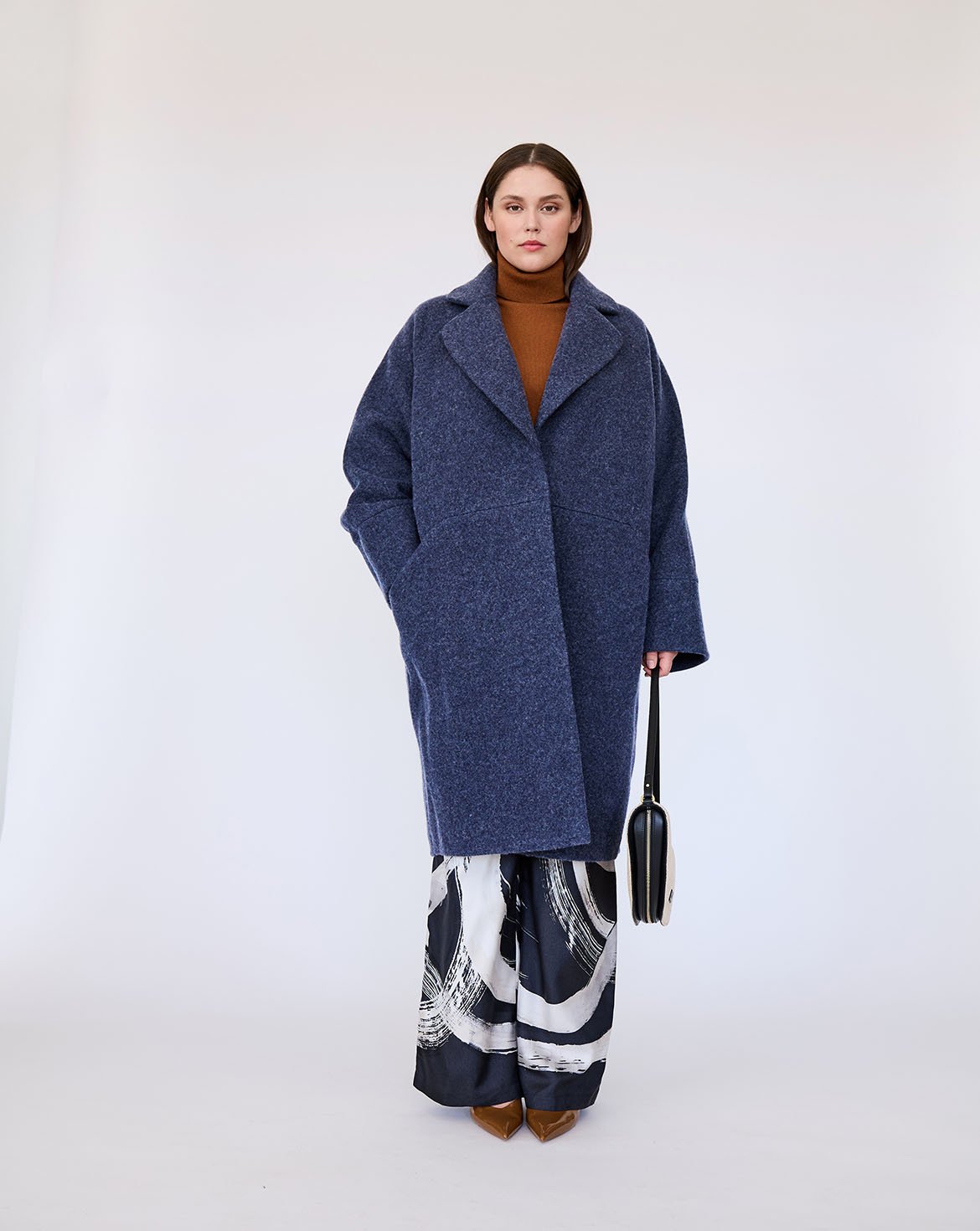 Bold Textured Blue Wool Coat with Patterned Trousers — Wool Coat Outfits