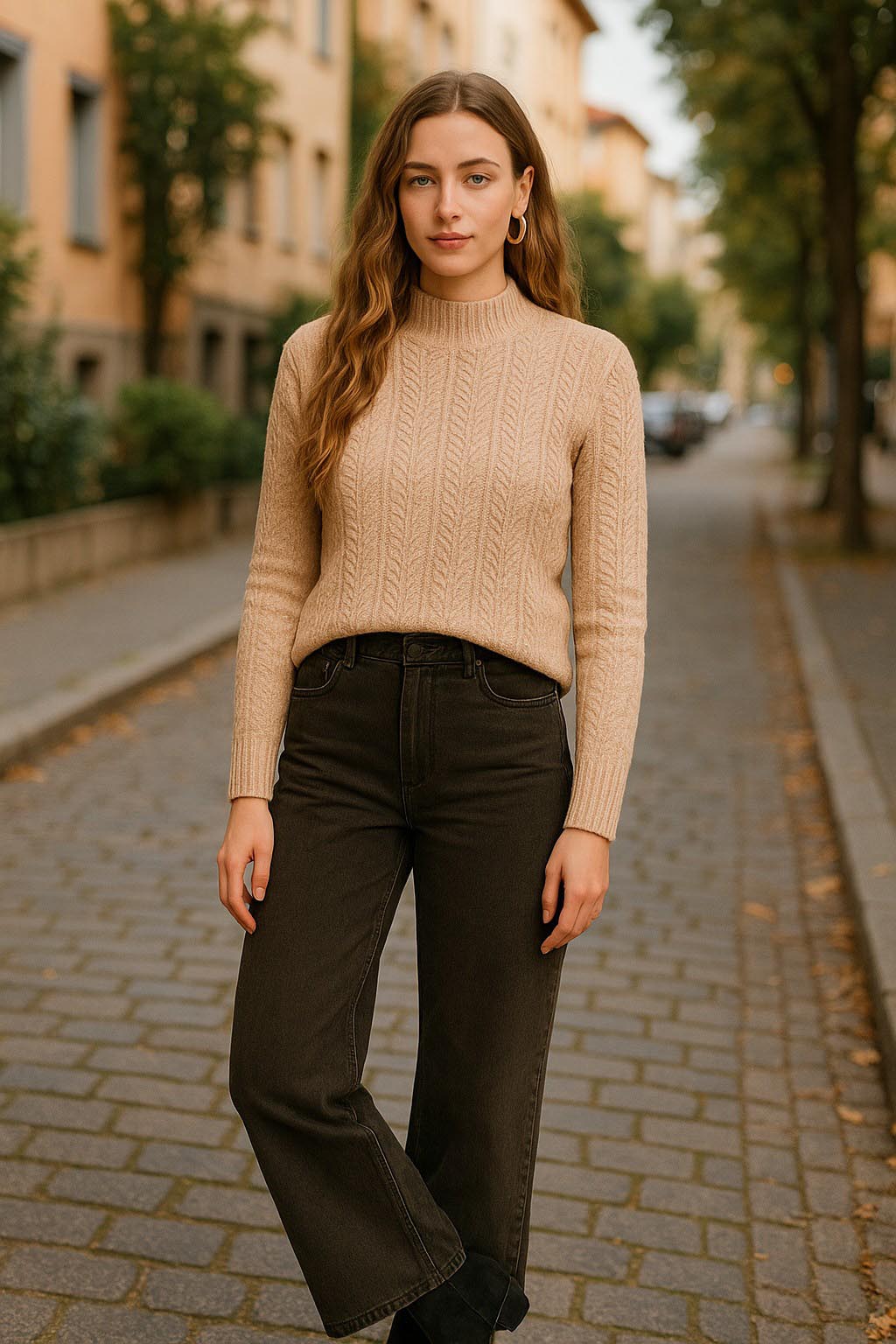 Beige Cable Knit Sweater with Dark Grey Wide-Leg Jeans — Boho Winter Outfits