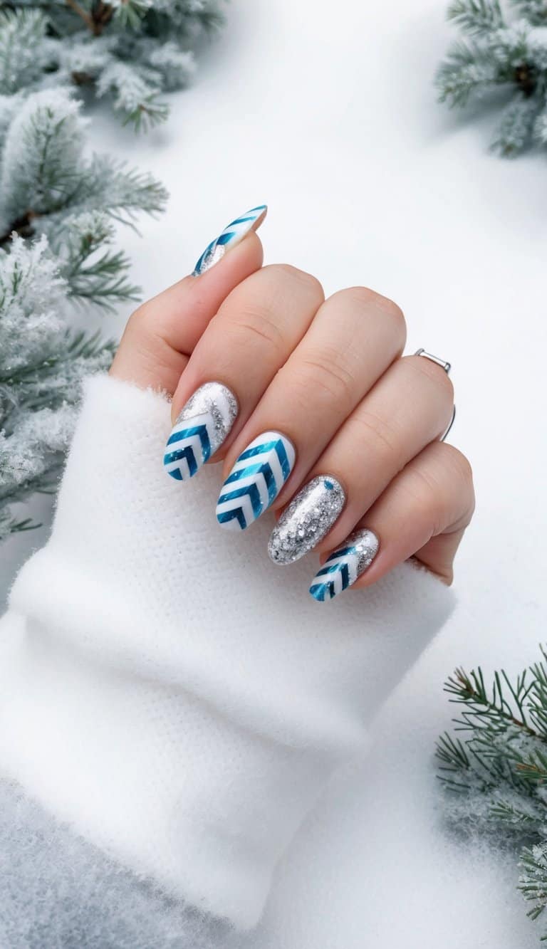 Winter Geometric Visual Idea — Medium Length Winter Nails
