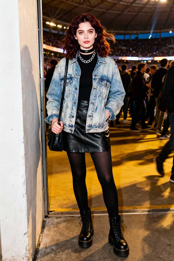 Denim Jacket with Leather Mini Skirt Denim Jacket with Leather Mini Skirt β Winter Concert Outfits
