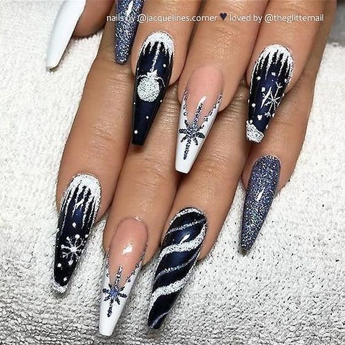 Navy White Snowflake Drip Coffin Nails — Winter Acrylic Nails