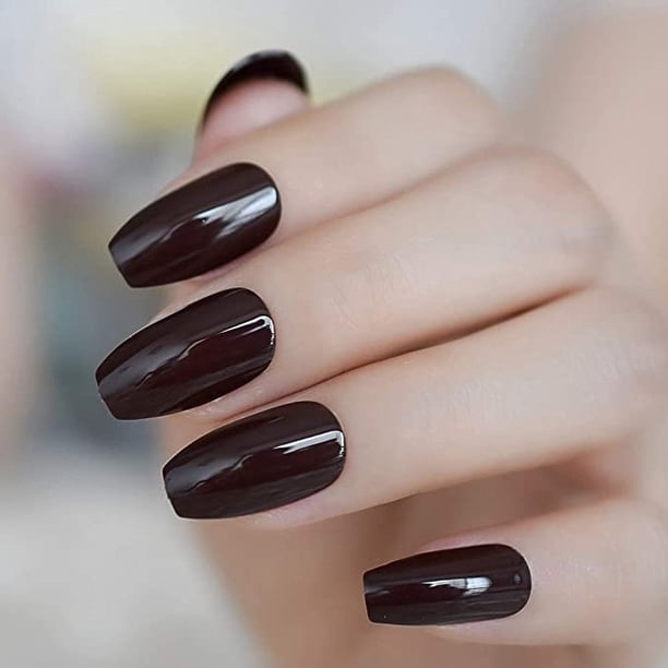 Solid Dark Brown Glossy Medium Coffin Nails — Chocolate Brown Nails