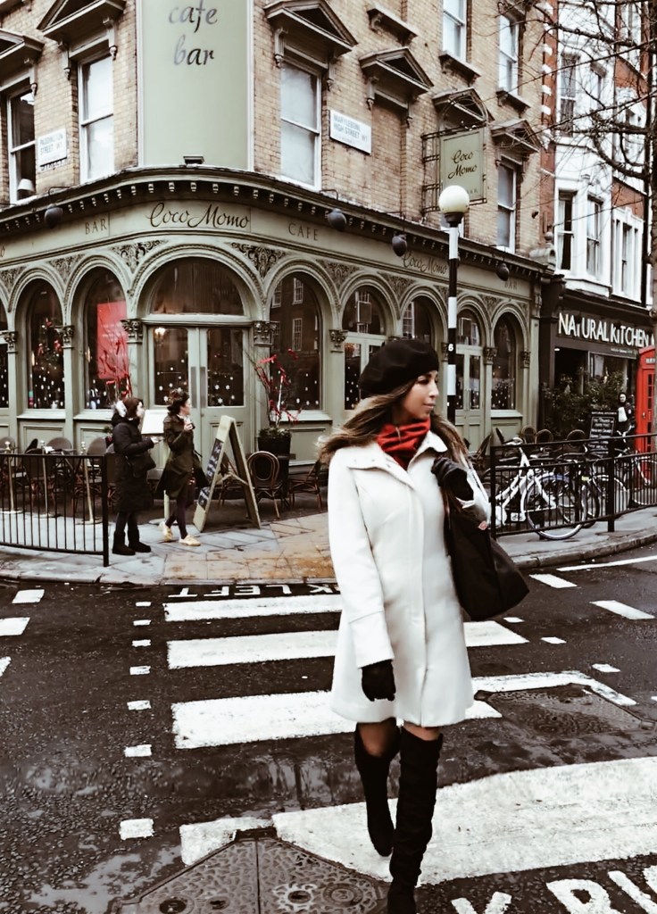 White Wool Coat and Red Scarf: Classic Winter Elegance — London Winter Outfits