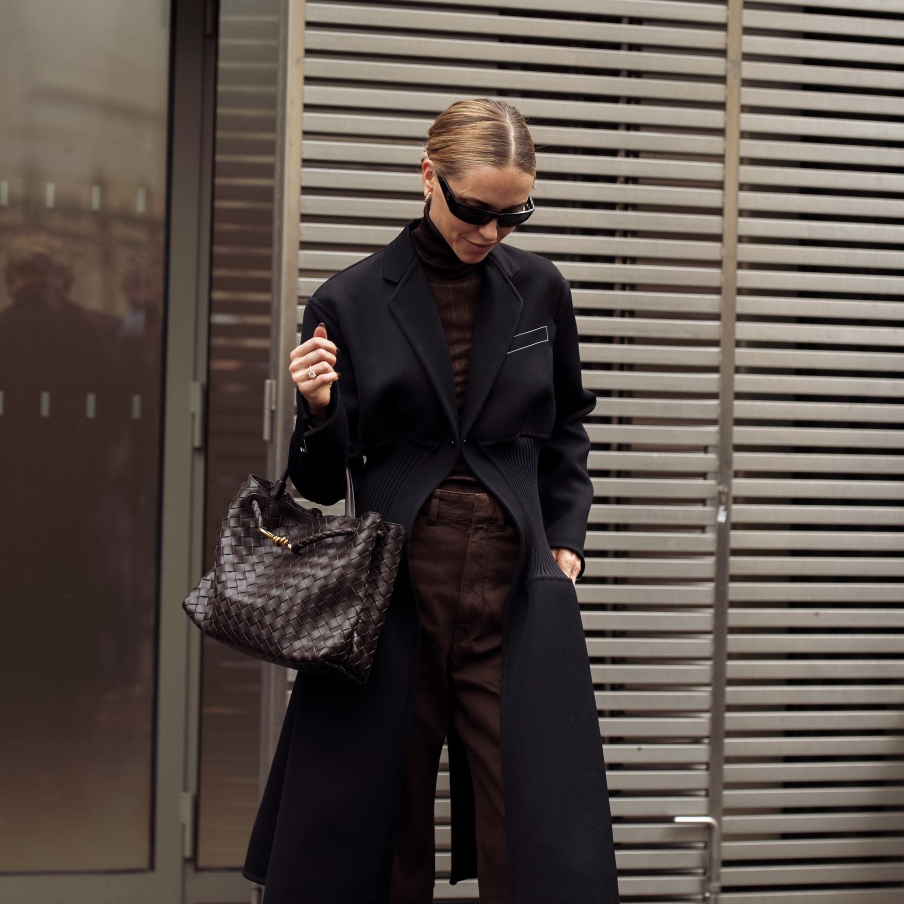 Sophisticated Layering: Black Wool Coat Over Turtleneck and Trousers — Late Winter Outfits
